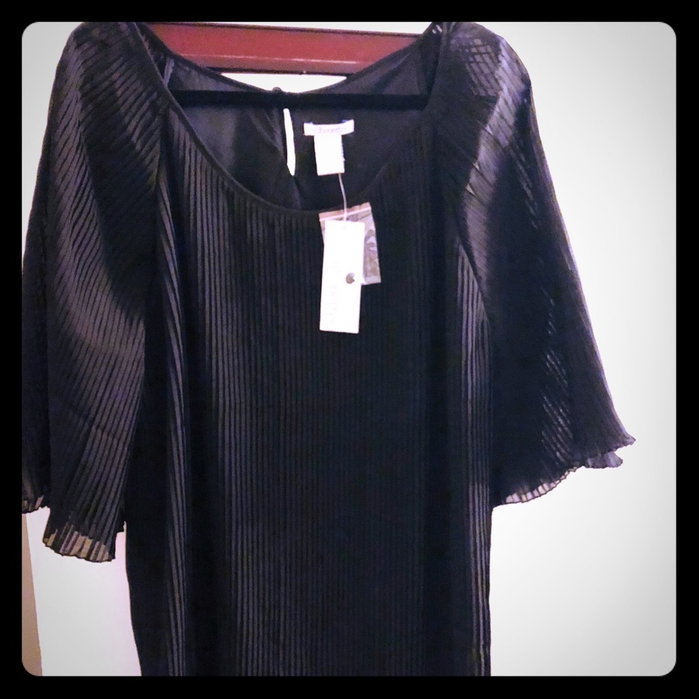 NWT Sheer Black Pleat Blouse w/ cami Stretch 1X 2X